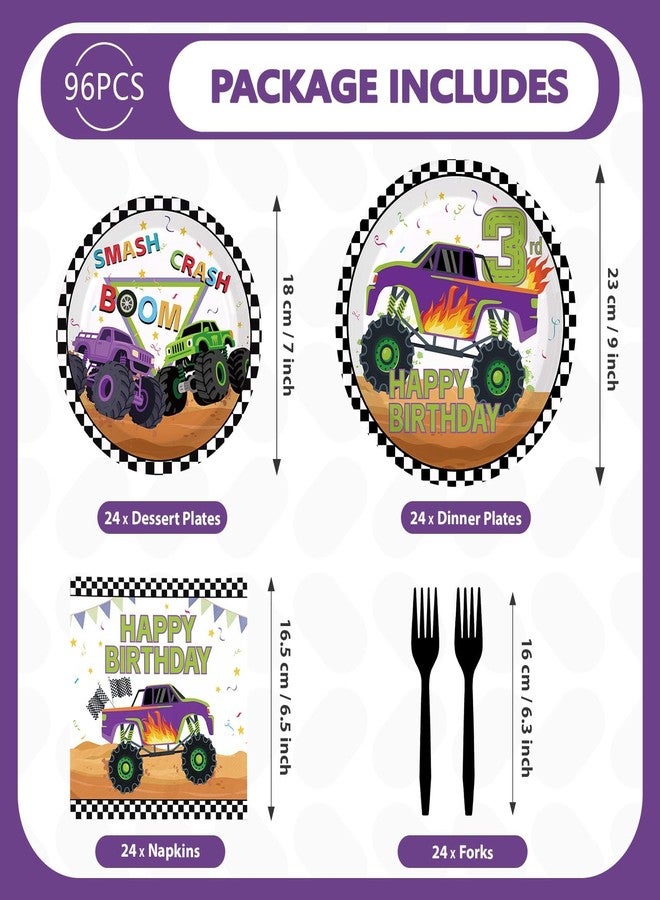 Grencian 96 Pcs Monster Theme Truck 3rd Birthday Party Supplies Green Purple Truck Plates and Napkins Checkered Tableware Set Monster Birthday Decorations for 3rd Kids Boys Monster Themed Truck Party Serves 24 - Image 2